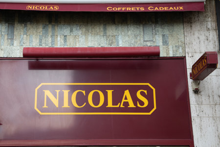 Bordeaux , Aquitaine France - 05 02 2023 : Nicolas logo brand and text sign wall chain facade shop of French wine alcohol retailer storeのeditorial素材