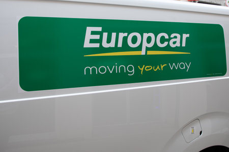 Bordeaux , Aquitaine France - 05 02 2023 : europcar rent car logo brand and text sign on side sticker truck panel van of rental french vehiclesのeditorial素材
