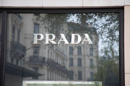 Bordeaux , Aquitaine France - 05 19 2023 : Prada store Italy windows logo text and sign brand facade...