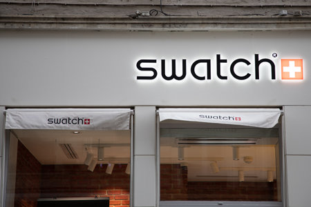 Bordeaux , Aquitaine France - 05 19 2023 : Swatch logo and text sign front facade wall of store...