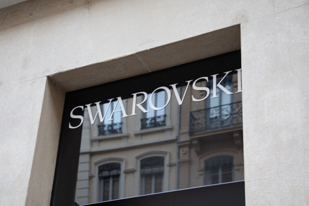 Bordeaux , Aquitaine France - 05 19 2023 : Swarovski logo sign shop and brand text facade store Austrian producer of jewelry luxury cut lead glass crystalのeditorial素材
