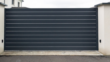 portal gray aluminum large car slide home gate gray modern facade house in street suburbの写真素材