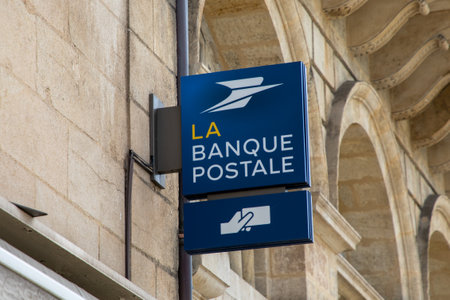 lyon , Aura France - 05 01 2023 : La Banque Postale logo sign and brand logo facade wall blue of office French bank post agencyのeditorial素材