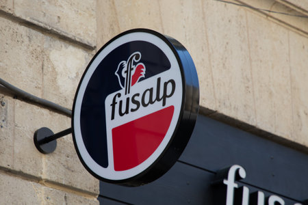 Bordeaux , Aquitaine France - 05 19 2023 : Fusalp logo sign round of french store wall entrance of winter clothing brand text shop originally for skiingのeditorial素材