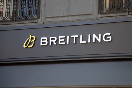 Bordeaux , Aquitaine France - 06 01 2023 : Breitling logo brand and text sign swiss watches wall...