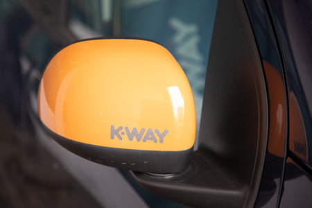 Bordeaux , Aquitaine France - 06 01 2023 : k-way logo brand and text sign on rear car mirror french citroen limited edition of chain clothes raincoat and rainproof shopのeditorial素材