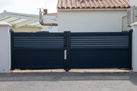 modern dark gray high gate entrance aluminum portal outdoor door gray black front of suburb house