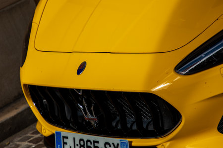 Bordeaux , France - 06 27 2023 : Maserati GranTurismo Trofeo car front grill with trident logo Italian brand of luxury carsのeditorial素材