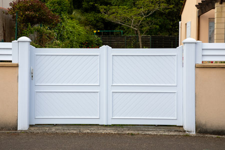 high door facade modern white pvc plastic home gate portal of suburbs house street city