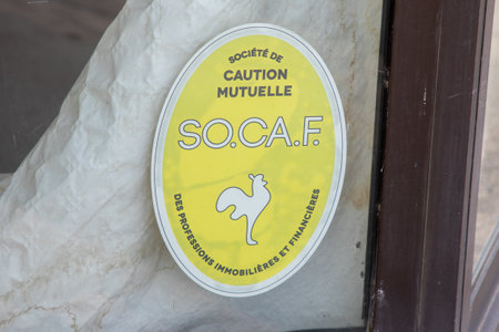annecy , France - 06 16 2023 : socaf logo sign and text brand on facade windows front of office real estate mutual guarantee company agencyのeditorial素材