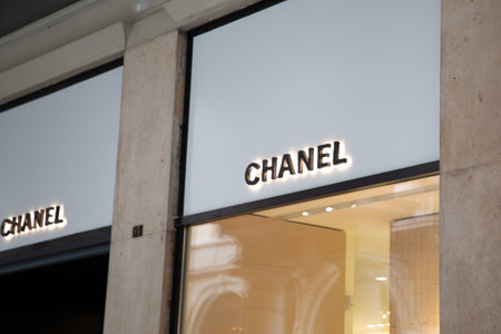 Milan , Italy - 07 10 2023 : Chanel logo chain and sign front of Retail Store Exterior French shop brand fashion companyのeditorial素材