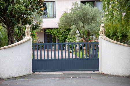 modern sliding gray door slide gate aluminum portal outdoor suburbs house street