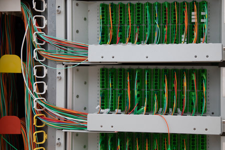 fiber phone switchboard electrical cabinet Inside outdoor neighborhood telecommunication junction...