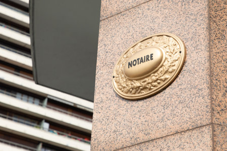 Bordeaux , Aquitaine France - 07 15 2023 : Notaire golden copper brand logo and sign text facade symbol on notary french wall entrance building officeのeditorial素材