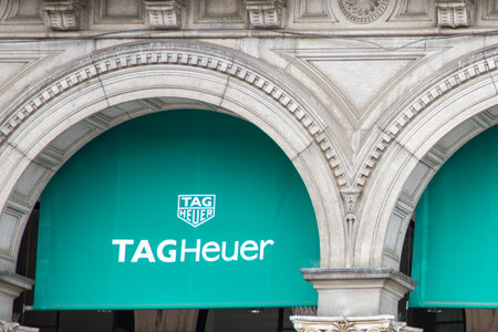 Milan , Italy - 07 10 2023 : Tag Heuer logo brand chain and text sign front facade store watches swiss manufacturing companyのeditorial素材