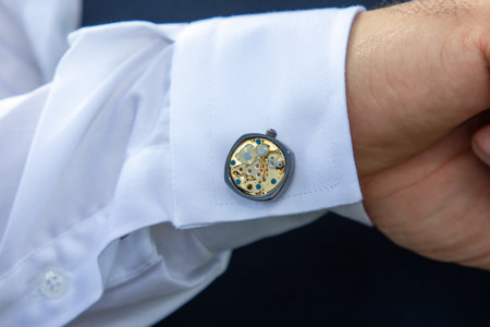 cufflinks old watch mechanism on the cuffs of the groom shirt