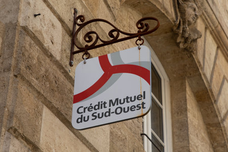 Bordeaux , Aquitaine France - 07 10 2023 : Credit Mutuel du Sud-Ouest sign text french bank office agency facade in street logo brand southwest franceのeditorial素材