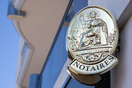 Bordeaux , France - 07 28 2023 : notaires golden logo text and symbol means notaries office french sign brand on wall facade entranceのeditorial素材