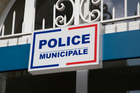 Bordeaux , France - 07 28 2023 : Police municipale sign text and logo brand facade wall office French local police entrance in town center Franceのeditorial素材