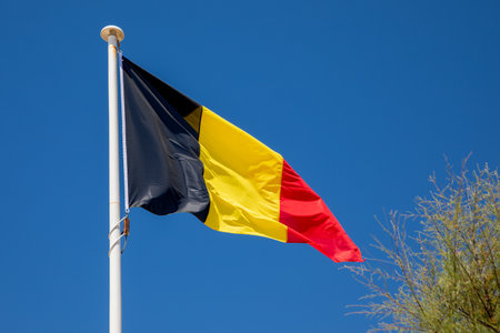 belgium flag belgian country flag on top of the mast in the wind and blue skyの写真素材