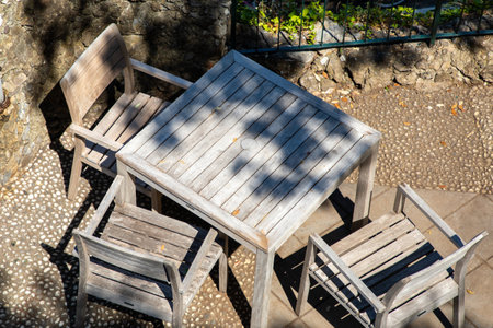 wooden chair seat table wood in home garden village in top viewの写真素材