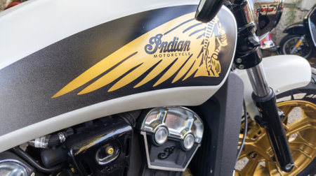 Bordeaux , France - 09 04 2023: Indian motorcycles logo text tank golden gray sign American brand...