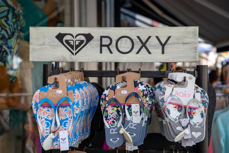Bordeaux , Aquitaine France - 04 12 2023: roxy text logo and brand sign on display shoes women...