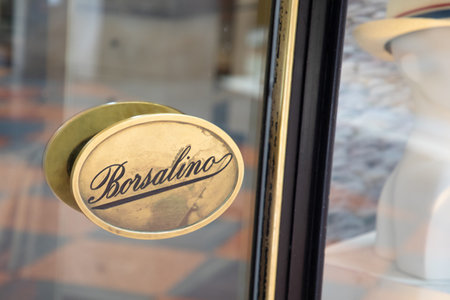Milan, Italy - 09 18 2023: borsalino hat sign text facade shop and logo brand store on door entrance...