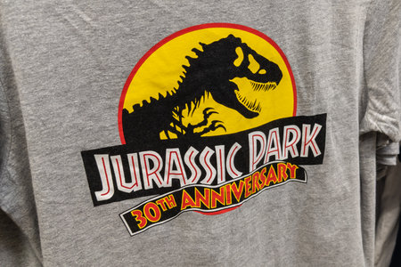 Bordeaux , France - 09 18 2023: Jurassic Park logo brand and text movies sign on tshirt games 30th...