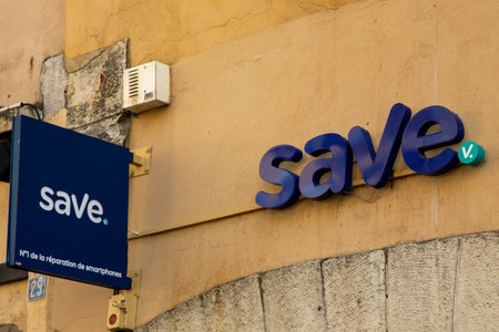 Bordeaux , France - 09 18 2023: save brand text and store logo sign for phone repair cell and smartphone shop tablet and smartphoneのeditorial素材