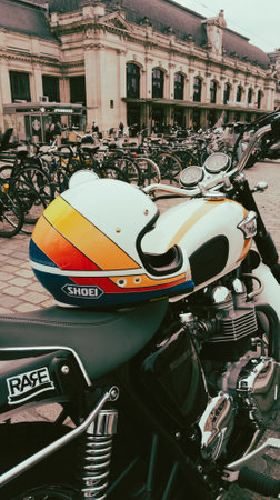 Bordeaux , France - 09 22 2023: triumph bonneville and shoei helmet motorcycle detail sign text and...