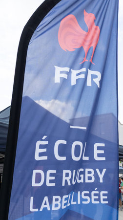 Bordeaux, France - 09 25 2023: FFR Ecole de Rugby Labelisee logo and text sign on flag certified rugby school blue fabricのeditorial素材