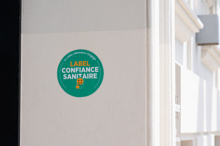 Bordeaux, France - 09 22 2023: health confidence label anti covid-19 french text means in english store health confidence label anti-covid equipped facility shopのeditorial素材
