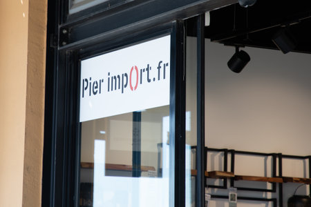 Bordeaux , France - 10 04 2023: pier import brand shop logo and sign text wall facade french...