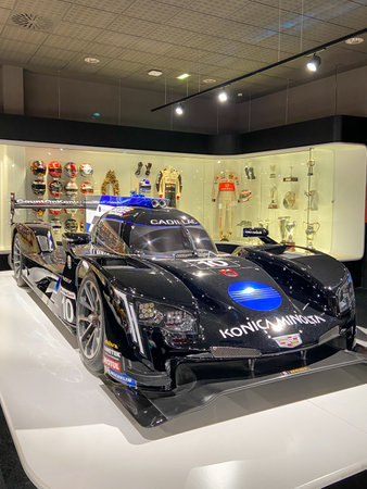 Llanera , Spain - 10 02 2023: Cadillac Konica Minolta race car which Fernando Alonso won the 24...