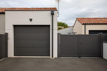 modern house facade with closed garage dark gray door shutter car entrance of private houseの写真素材