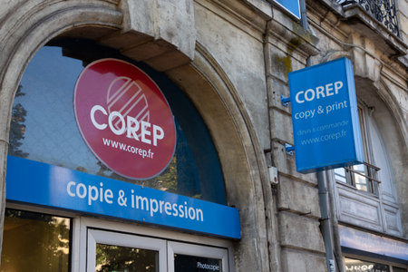 Bordeaux, France - 10 26 2023: Corep copy and print logo brand and sign text facade of shop printing...