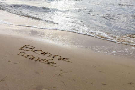 happy new year in french text sign means bonne annee written on a sandy beach wave and surf Vacation esort and recreation in nature Sea coastの写真素材