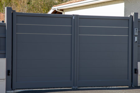 gray aluminum modern double door high gate home gray modern portal of suburb city houseの写真素材