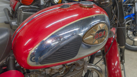 Bordeaux , France - 12 04 2023: BSA logo sign and text brand on vintage red chrome silver tank of...