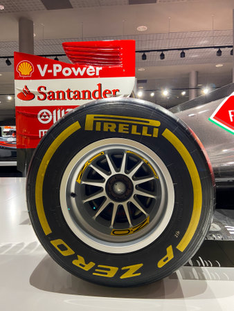 Llanera , Spain - 10 02 2023: Pirelli p zero tire of formula one racing car Fernando Alonso Ferrari...