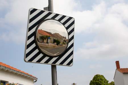 Traffic Curved Convex Wide Angle road Mirror driveway on pole streetの写真素材