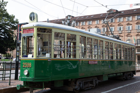 Turin, Italy - 01 02 2023: Historic tram in Torino city centerのeditorial素材