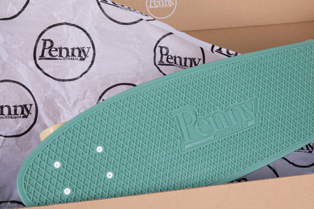 Bordeaux, France - 01 08 2024: Penny skateboard brand logo and text sign in cardboard box from...