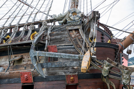 Anchor of The Neptune ship replica Spain galleon built for movies film Pirates in Genoa harbor Italy