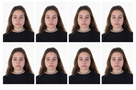 Portrait id card of brunette woman looking at camera on white background x 8の写真素材