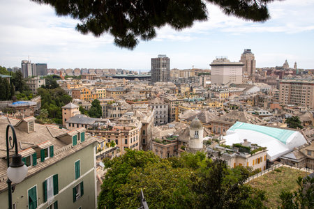 Panoramic view town of Genoa means Genova italian port city and the capital of northwest Italy Liguria regionの写真素材