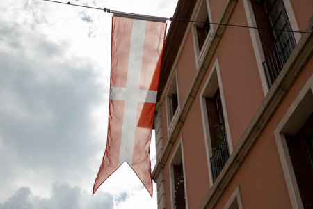 Savoie logo sign flag of France region with white red Savoyard colors on wall building facadeの写真素材