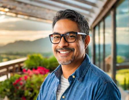 Middle-aged guy with glasses and blue shirt at modern home with mountain backgroundの素材