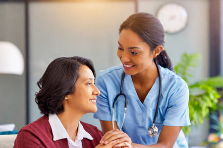 Doctor young woman nurse reassuring older female in modern clinicの素材